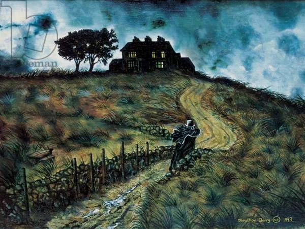 Illustration of Heathcliff returning to Wuthering Heights